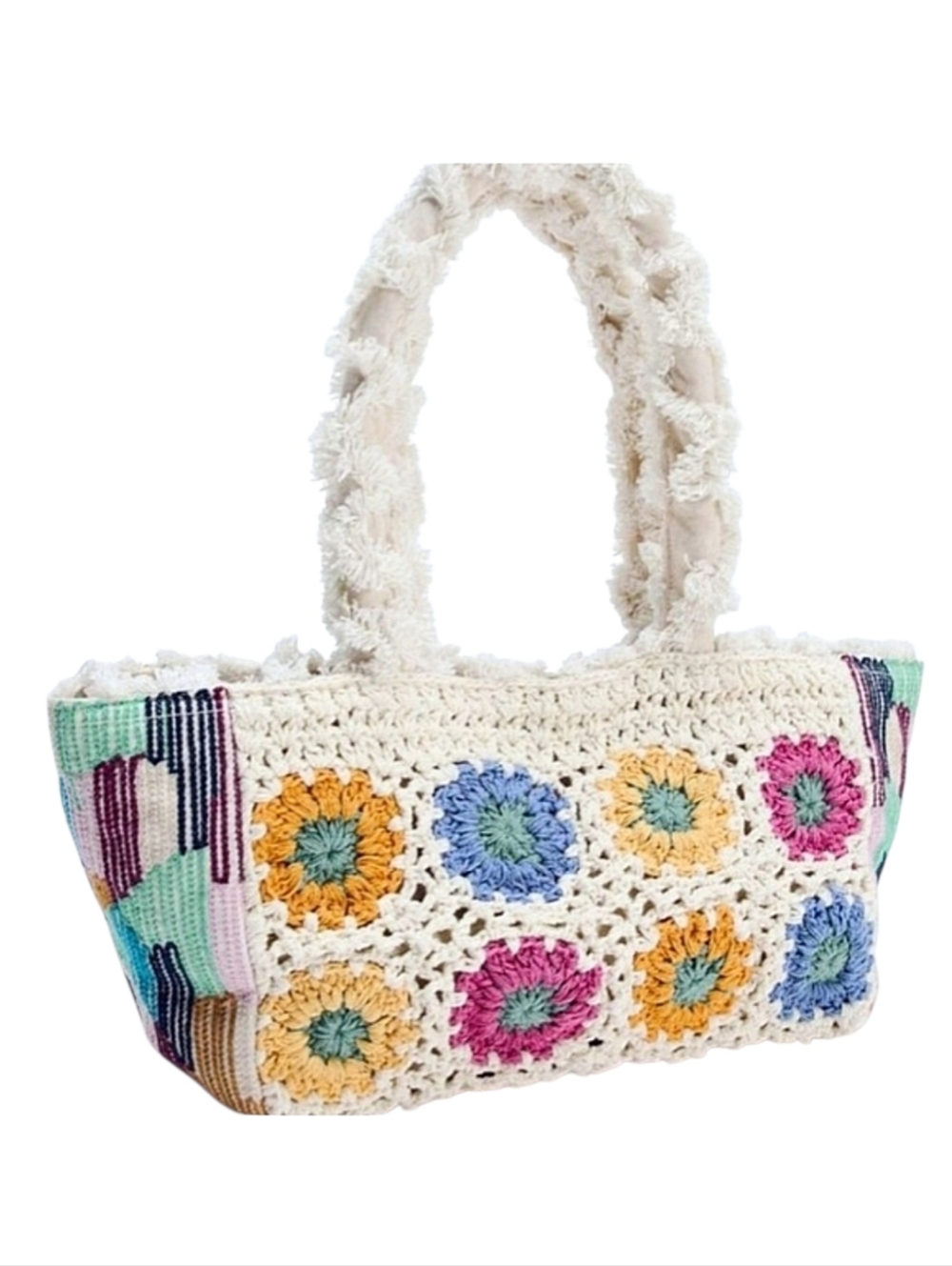 Zara Bohemian Bright Floral Embroidered Crochet Bag Faux Fur Fringe Handles